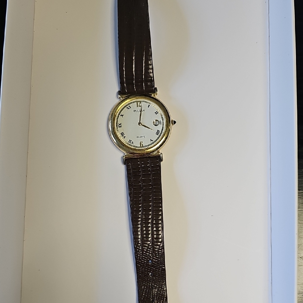 Pulsar Gold Case Watch with Brown Strap